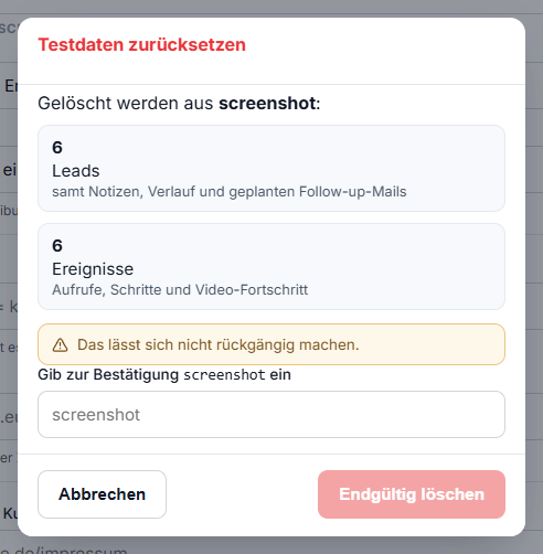 Das Bestätigungsfenster mit den Zahlen, dem Warnhinweis und dem Eingabefeld für den Kundennamen