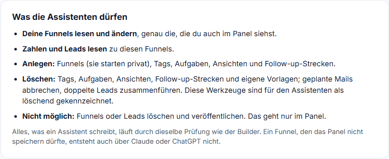 Die Seite "KI-Assistenten" mit dem Abschnitt "Was die Assistenten dürfen"
